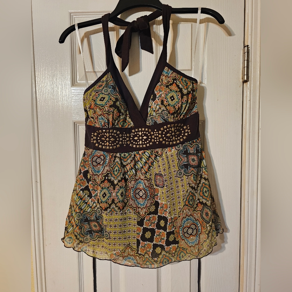 Bohemian Halter Top with Intricate Patterns, Strapless, Ties At Back Of Neck.